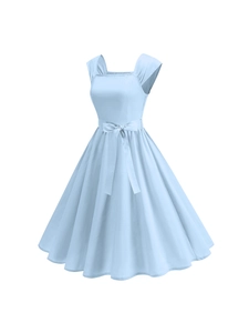 Detail of light blue vintage cotton dress featuring a square neck and waist bow tie
