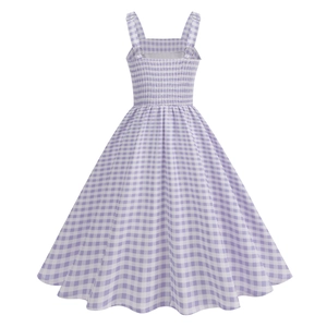 Detail of the purple gingham dress showing the smocked back and adjustable buckles