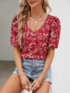 Elegant Women Floral Print V-Neck Puff Sleeve Blouse Retro Casual Summer Polyester Short Sleeve Top Fashion Lady Shirt