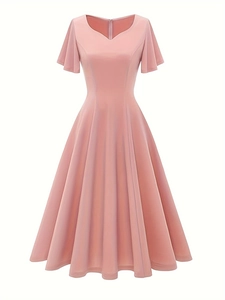 Detailed front view of pink V-neck A-line midi dress with elegant flutter sleeves