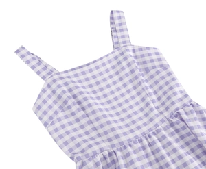 Detail of purple and white gingham dress showing square neckline and wide shoulder straps