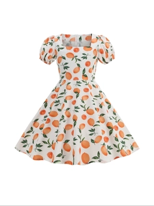Short sleeve girls' white dress with orange fruit print and elegant puff sleeves