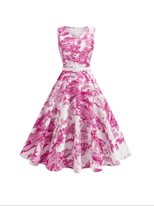 Robe midi sans manches élégante à motif Toile de Jouy rose et blanc avec ceinture