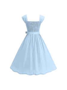 Detail of baby blue smocked bodice and waist bow on square neck cotton dress