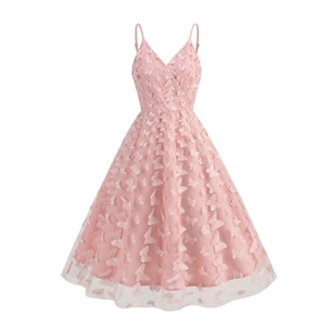 Elegant light pink V-neck mesh midi dress featuring 3D butterfly appliqués and a-line skirt