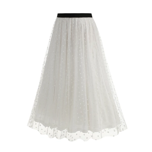 Women Elegant Heart Pattern Mesh Midi Skirt High Elastic Waist A-Line Layered Tulle Skirt Vintage Sweet Style Long Skirt