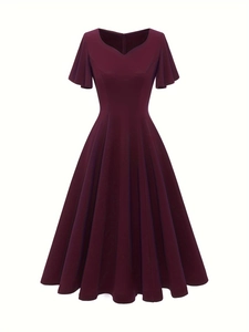 Elegant wine red V-neck midi dress with flutter sleeves and slimming high waist A-line silhouette