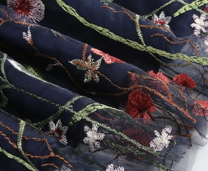 Close-up of premium dark blue mesh fabric with intricate multi-color floral embroidery