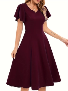 Detail of elegant V-neck and butterfly sleeves on this wine red A-line midi dress