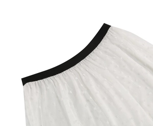 Detailed macro view of black elastic waistband and white polka dot mesh fabric layers