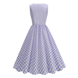 Detail of purple gingham A-line dress featuring vintage 1950s style and wavy lace trim