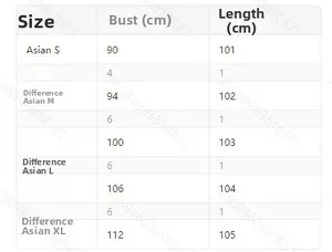 Size chart showing bust and length measurements in centimeters for sizes S to XXL