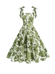 Vintage floral A-line midi dress with green botanical print and bow straps