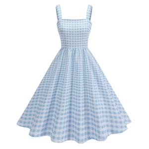 Close-up of vintage blue and white gingham dress with square neck and A-line skirt