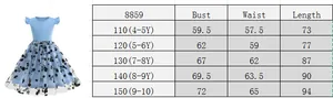 Size chart for girls short sleeve mesh dress with detailed bust waist and length measurements