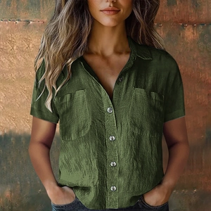 Women's dark green short sleeve linen shirt with classic lapel and breast pockets