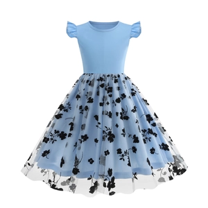 Detailed view of girls' light blue dress featuring layered floral mesh and ruffle sleeves