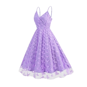 Detail of elegant purple mesh dress featuring 3D butterfly appliques and a slim waistline