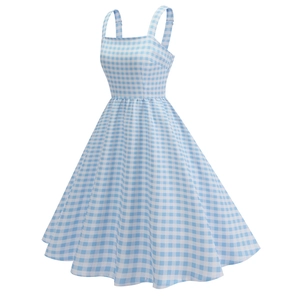 Detail of blue and white gingham midi dress featuring wide straps and slim-fit A-line waist