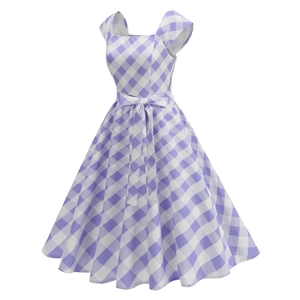 Robe Vintage Gingham Style Hepburn pour Femme Col Carré Sans Manches Robe Midi Évasée à Carreaux Avec Ceinture à Nœud Robe d'Été Décontractée
