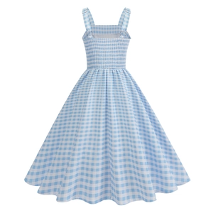 Detail view of the back elastic smocked design on the blue plaid vintage A-line dress