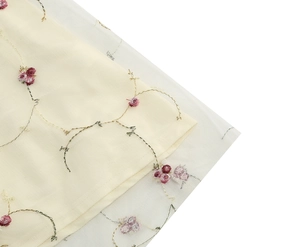 Makro-Detail aus cremeweißem Tüllnetz mit zarter Blumenstickerei und Rankenmustern
