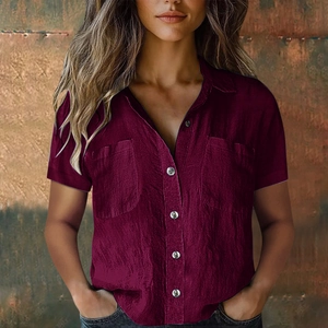 Women's burgundy short sleeve shirt with bamboo texture fabric and v-neck button design