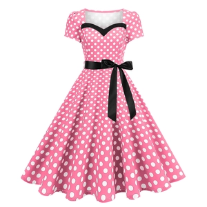 Women's 50s Retro Polka Dot Dress Short Sleeve Sweetheart Neckline Bow Sash A-Line Swing Hepburn Style Banquet Midi Dress