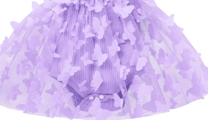 Detail of light purple mesh baby bodysuit dress with 3D butterfly appliqués and snaps