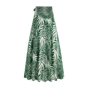 Détail de la jupe trapèze à imprimé feuilles tropicales avec taille haute élastique smockée