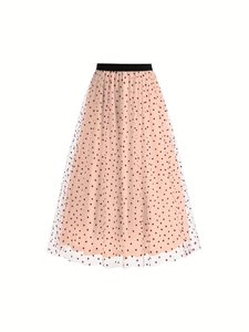 Detail of pink mesh midi skirt with red heart patterns and black elastic waistband