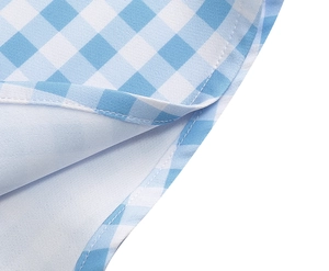 Macro shot of blue and white gingham fabric showing detailed stitching and soft texture
