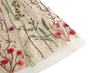 Detailed embroidery of red flowers and green leaves on sheer mesh vintage dress fabric