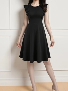 Women Elegant Ruffle Sleeve A-Line Midi Dress Sleeveless Solid Color High Waist Flare Party Evening Dress Lady Clothing