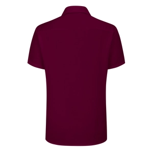 Rear view detail of burgundy short-sleeved lapel blouse with flat cotton fabric