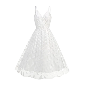 Elegant white V-neck mesh dress with 3D butterfly appliqués and a flowing A-line silhouette