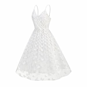 Detailed macro view of 3D butterfly appliques on white mesh tulle evening dress