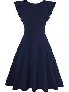 Elegant navy blue sleeveless A-line evening dress with ruffled shoulders and slim waist