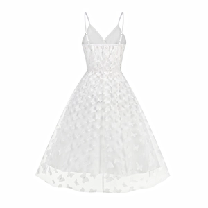 Detailed front view of white mesh dress with 3D butterfly appliques and deep V-neckline
