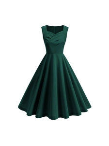 Robe Vintage à Col Carré Sans Manches pour Femmes Style Hepburn Années 50 Plissée Ligne A Swing Midi pour Fête Cocktail