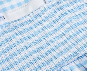 Detail of blue and white gingham dress showing smocking technique and elastic fabric texture