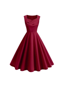 Robe vintage évasée rouge vin élégante avec décolleté en cœur et taille plissée