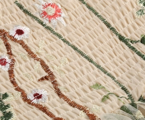 Detailed view of elastic smocking fabric and floral embroidery on a mesh dress
