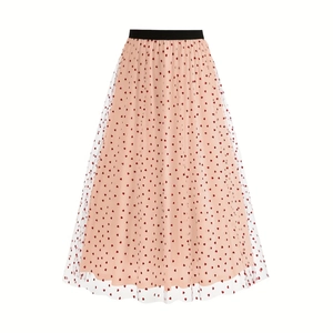 High-waist A-line mesh midi skirt with red heart prints and black elastic waistband