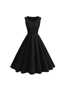 Robe mi-longue évasée vintage noire élégante avec décolleté en cœur pour femmes