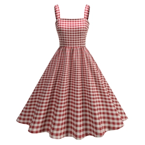Detail of red and white gingham pattern fabric and A-line cut on long strap dress