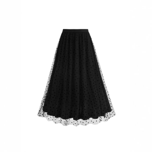 Black polka dot heart mesh midi skirt with elastic waist and pleated A-line silhouette