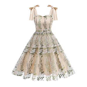 Elegant beige embroidered tulle midi dress with floral patterns and bow shoulder straps