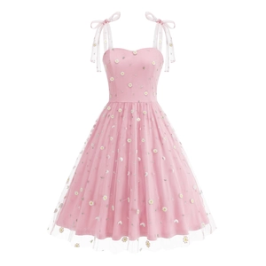 Detailed embroidery of white daisies on pink floral mesh A-line strap dress