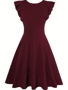 Elegant burgundy flare evening dress with ruffled sleeves and textured crepe fabric